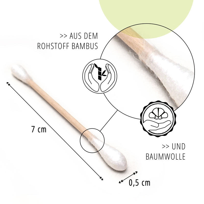 Zeigt die Größe der Wattestäbchen und Bio Baumwolle